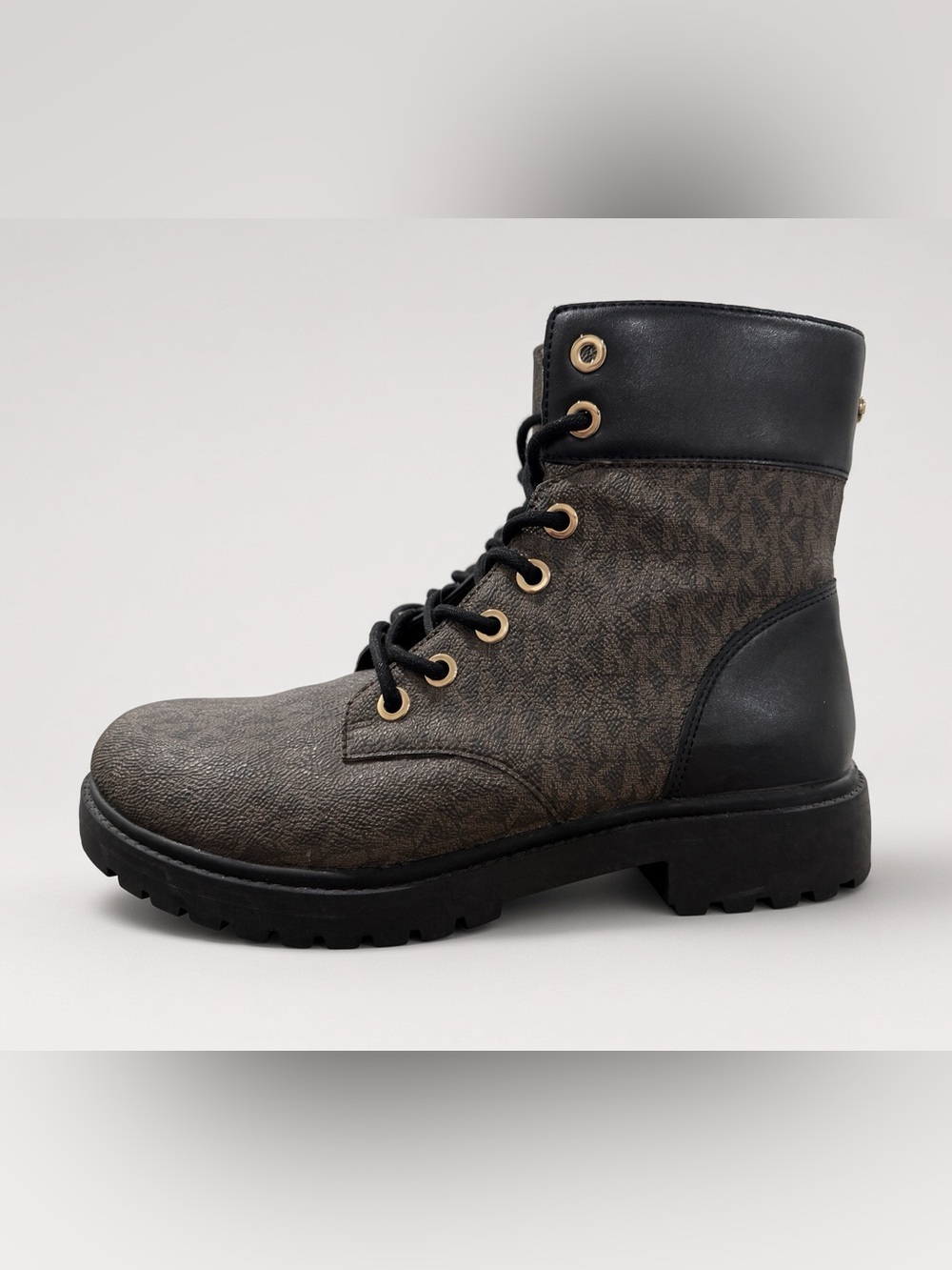 Michael Kors MK Logo Combat Boot LS22B Brown Black Gold Zip Size 7.5M
